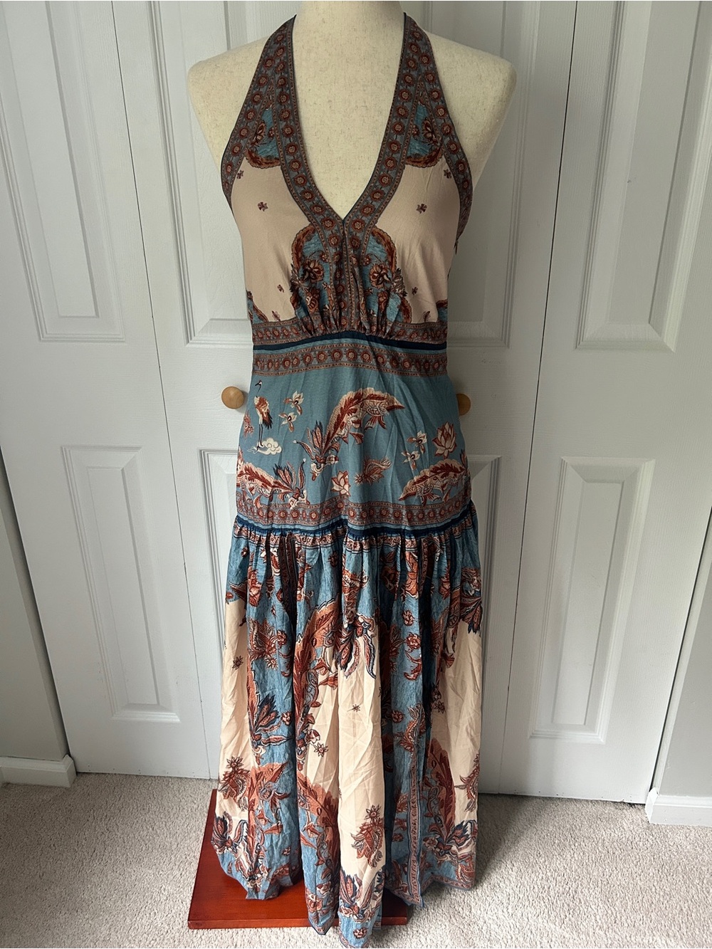 Boho Halter Maxi Dress in Blue and Cream